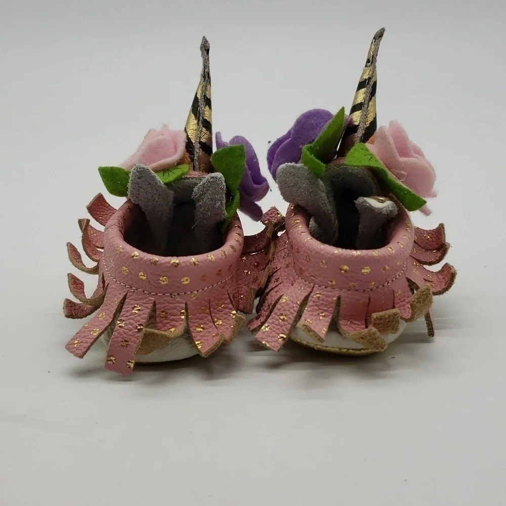UNICORN baby slippers leather upper leather lining white pink felt flower fringe